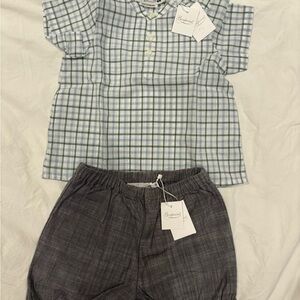 Bonpoint grey and White Plaid Shirt and grey shorts